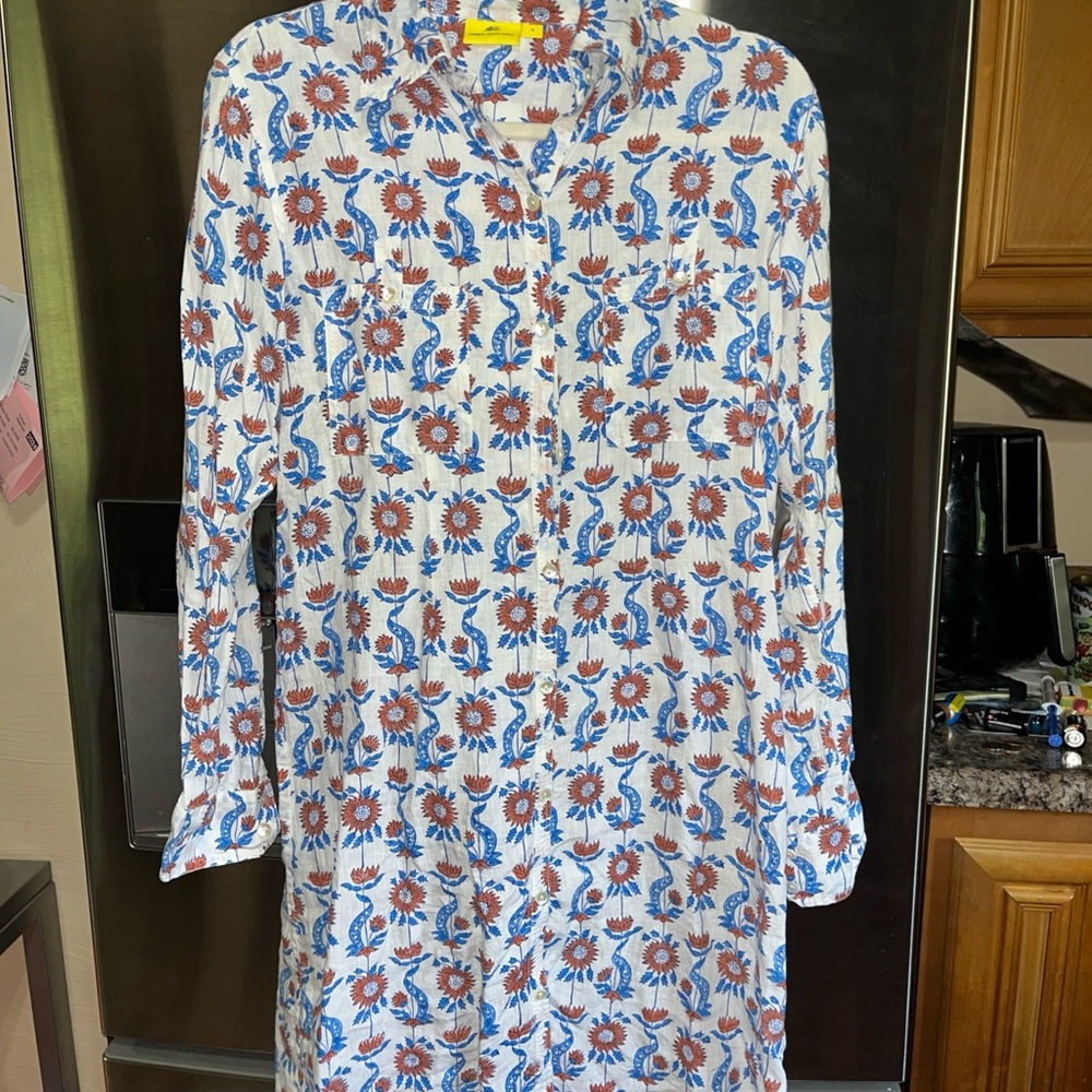 Roberta Roller Rabbit Blue and Orange Floral Midi Shirt Dress 100% Linen